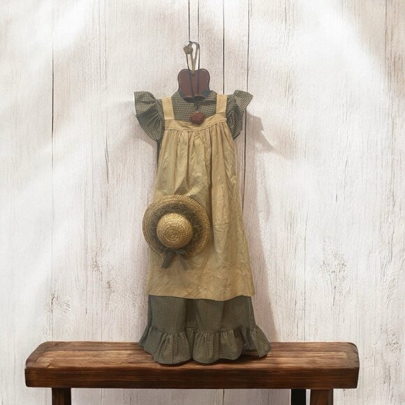 VTG Dress Pinafore Wall Hanging  W/Hat Cottagecore Country Green Gingham - Picture 1 of 13